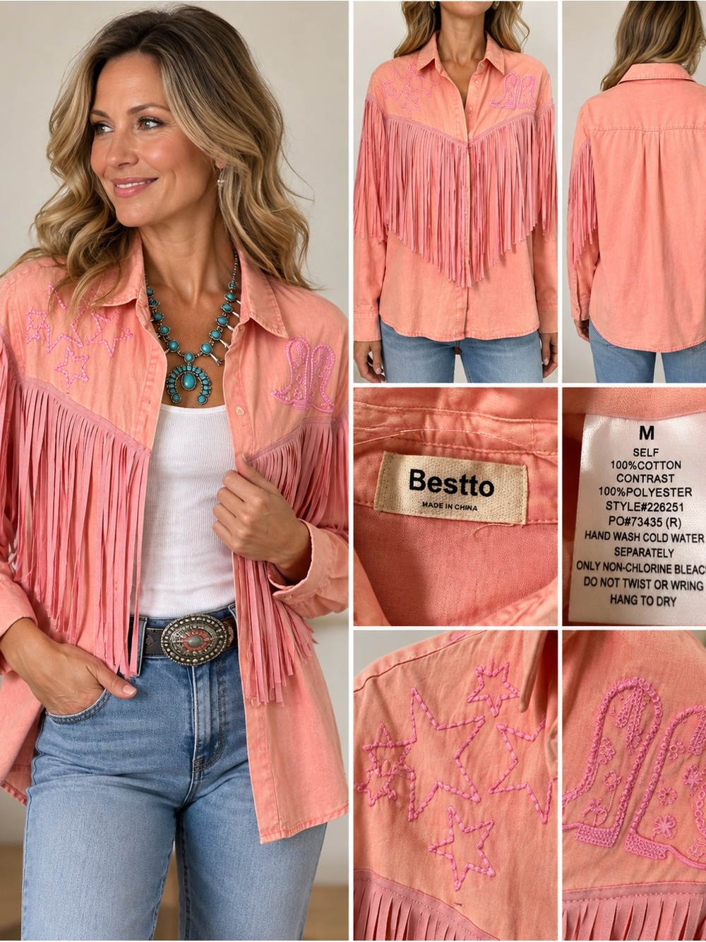 Bestto Pink Western Fringe Shirt Medium Embroidered Cowgirl Rodeo Top